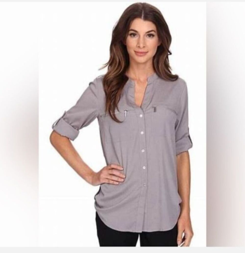 Calvin Klein Crepe Field Sleeve Keeper Blouse with Zipper Pockets in Gray Size L